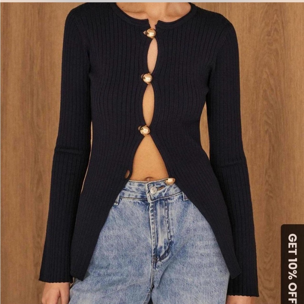 Navy Blue Ribbed Cardigan with Gold Buttons